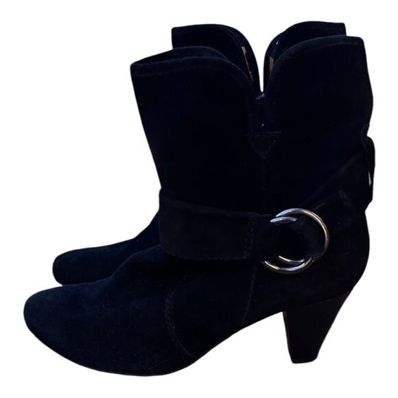 Vaneli Black Suede Heeled Ankle Bootie Zip Close Buckle Accent Animal Print Sz7N - Picture 4 of 14